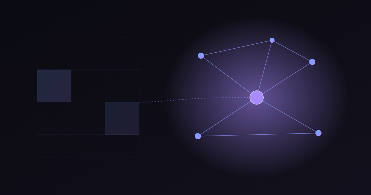 An abstract design grid on the left resolving into a glowing AI node network on the right