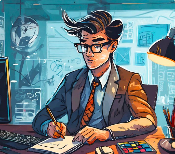Illustration of a designer focused at a cluttered desk, sketching by lamplight — the work that becomes the proof