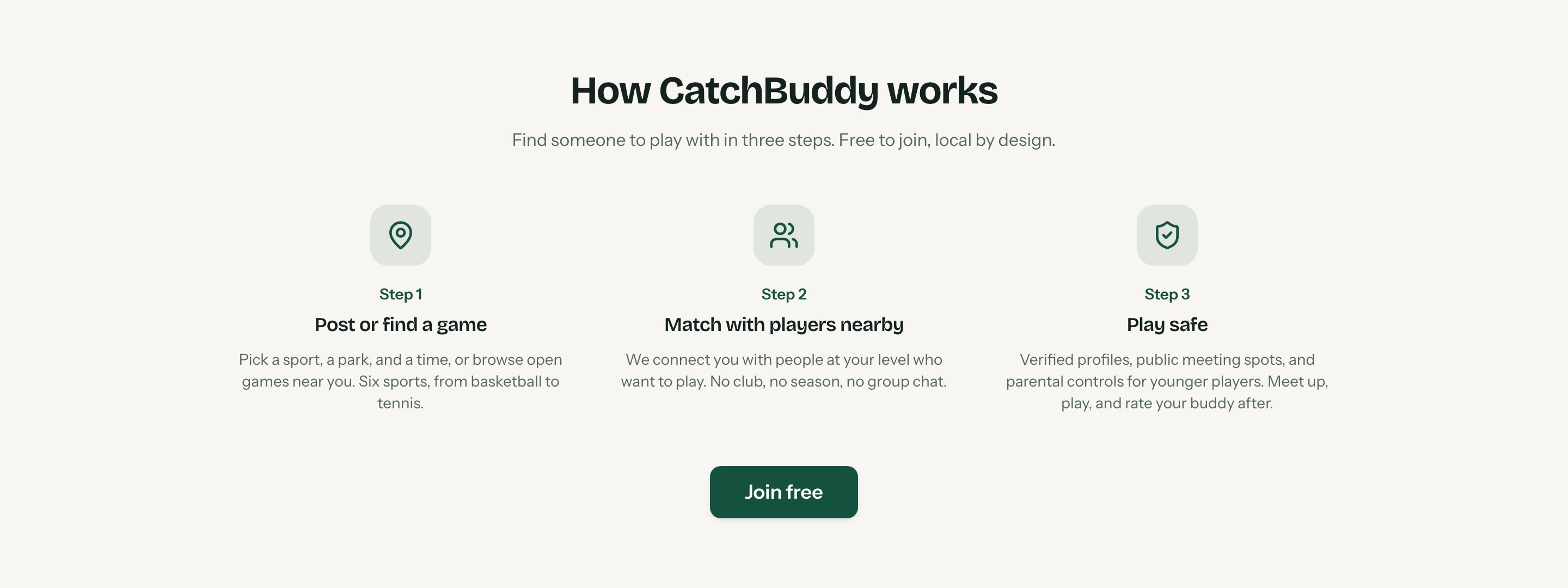 CatchBuddy’s three steps — post or find a game, match with players nearby, play safe — each with a one-line explanation