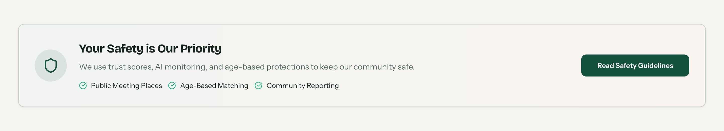 CatchBuddy’s safety panel — trust scores, AI monitoring and age-based protections, with a Read Safety Guidelines button
