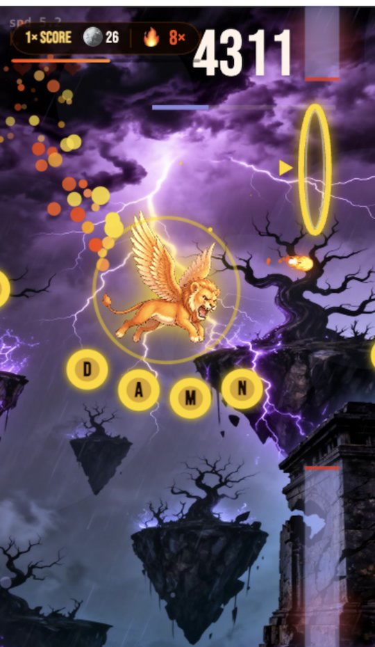 Fire Lion in play — the winged lion flying through a storm, spelling D-A-M-N from glowing letters with an 8x combo and a live score