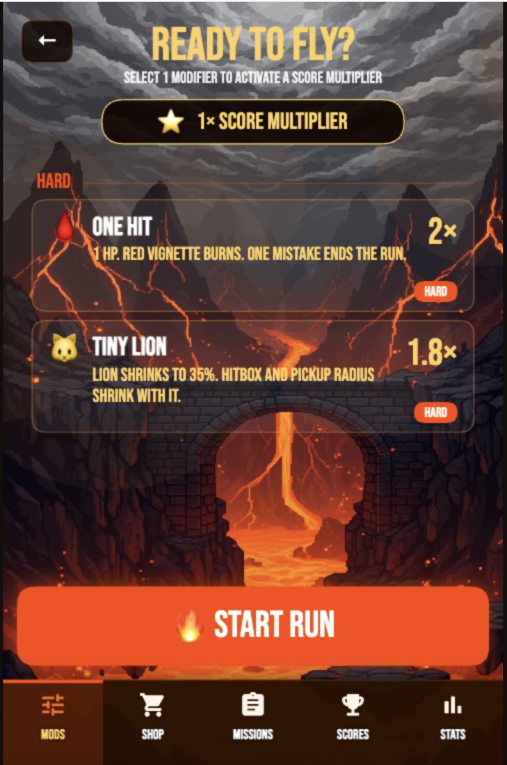 Fire Lion's pre-run modifier screen — 'Ready to fly? Select 1 modifier to activate a score multiplier,' offering risk/reward HARD mods like One Hit (2×) and Tiny Lion (1.8×) before a Start Run button