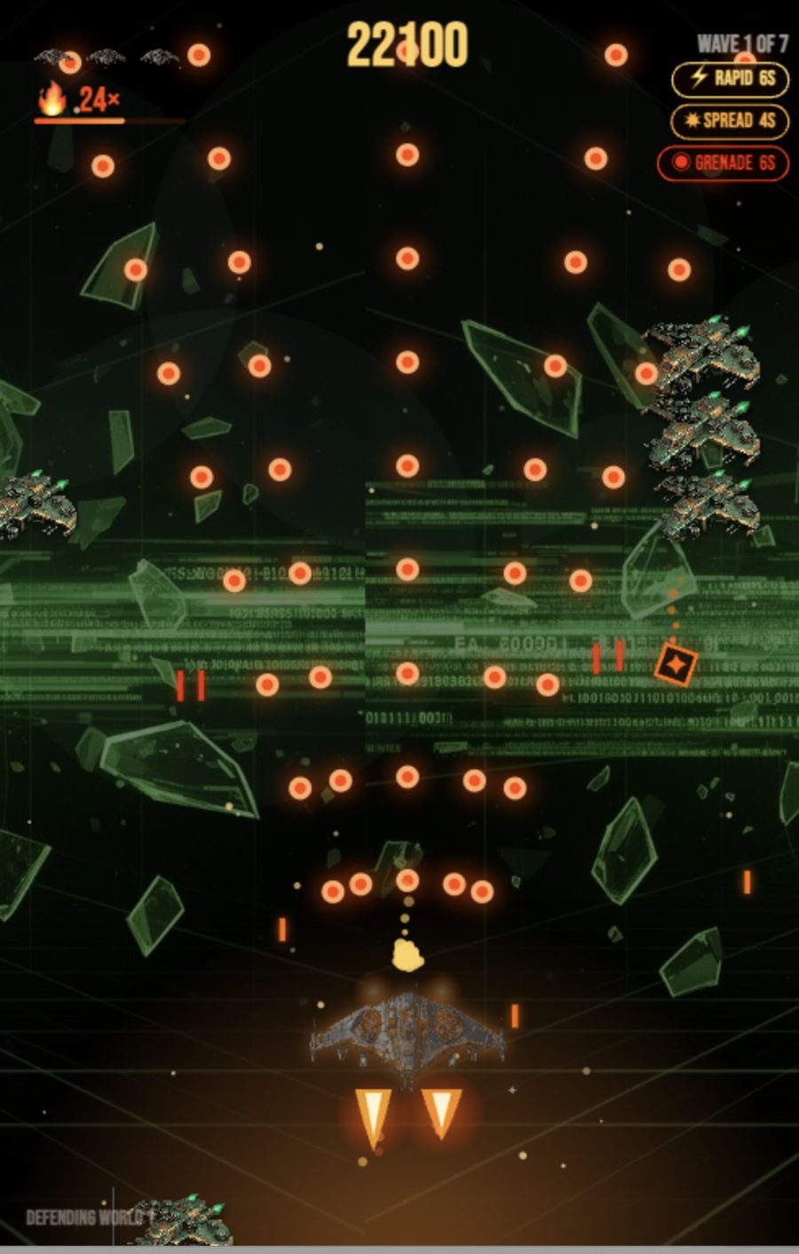 Fire Lion's boss-reward mode — piloting a spaceship that fires up at waves of enemy fleets, with Rapid, Spread, and Grenade power-ups and a 'Wave 1 of 7' counter