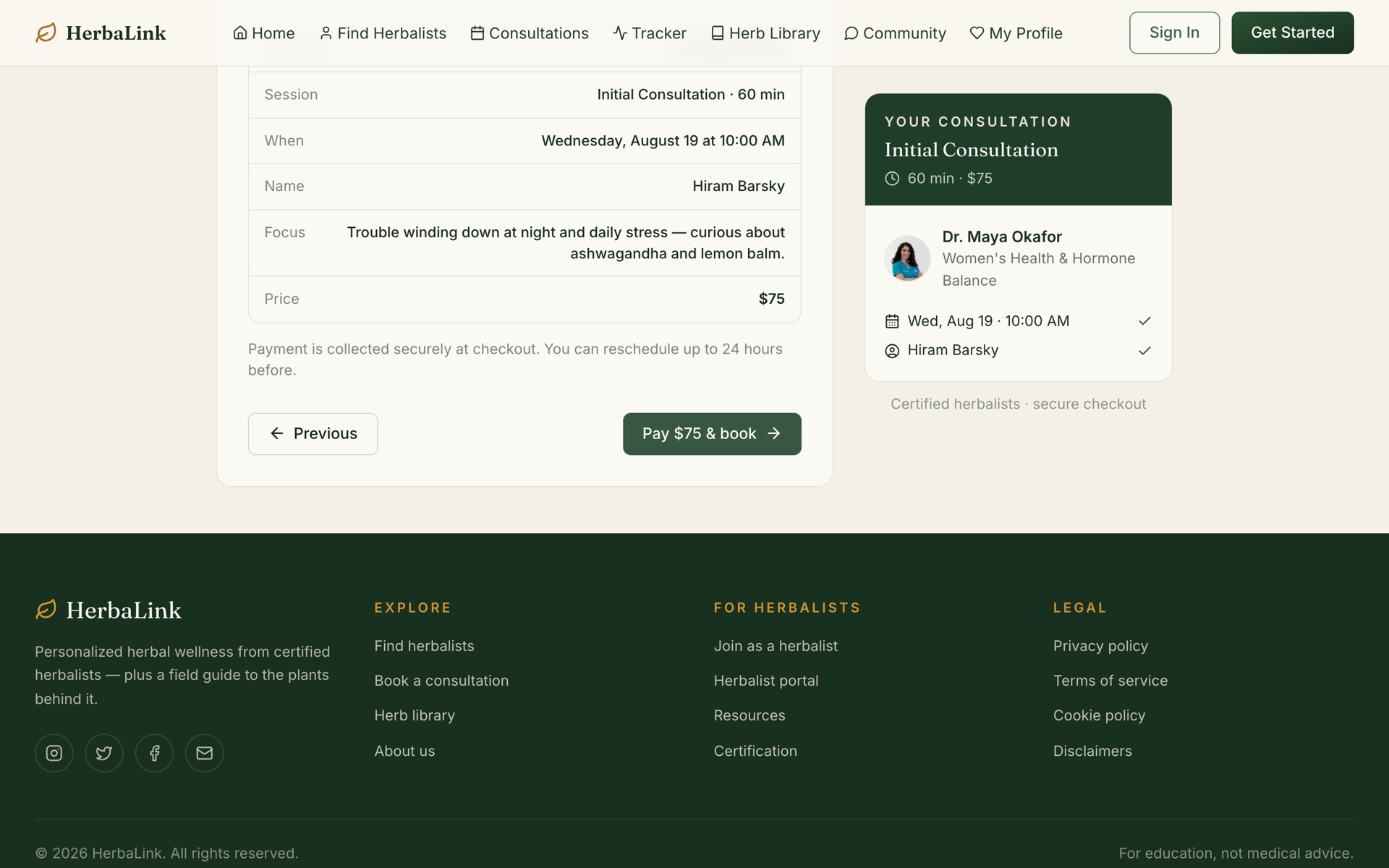 HerbaLink's booking checkout — a consultation summary with the plain-language health focus, and the herbalist's verified profile pinned beside a 'Pay $75 & book' button under 'Certified herbalists · secure checkout'