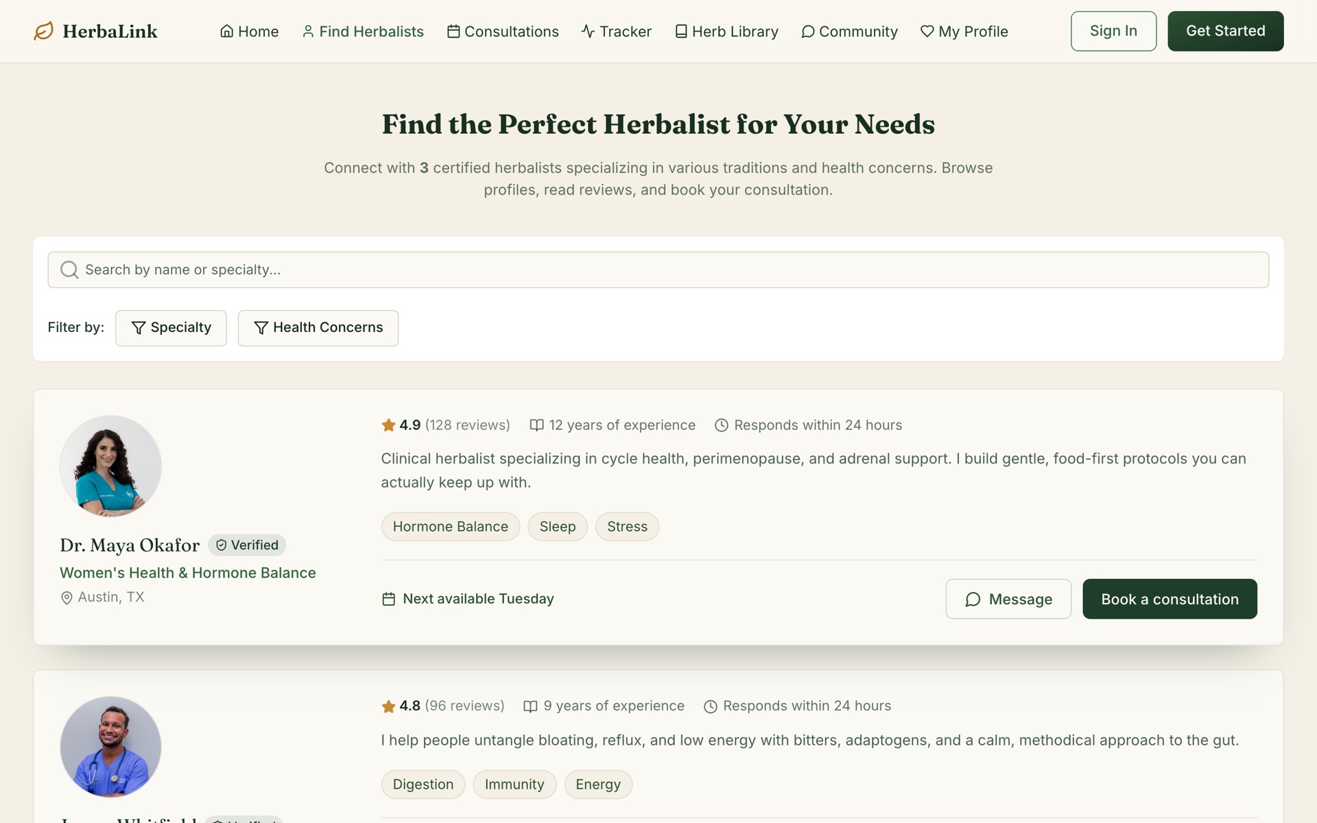 HerbaLink's herbalist directory — 'Find the Perfect Herbalist for Your Needs,' with search and specialty filters, and practitioner cards showing a Verified badge, rating, years of experience, and specialties before you book
