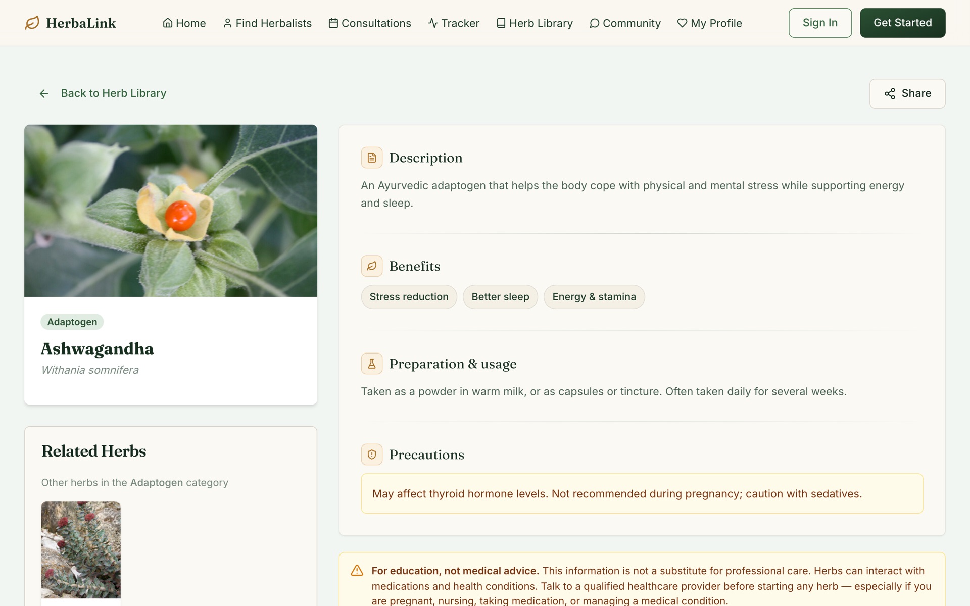 A HerbaLink herb entry — Ashwagandha (Withania somnifera): description, benefits, preparation and usage, precautions, and an 'education, not medical advice' disclaimer
