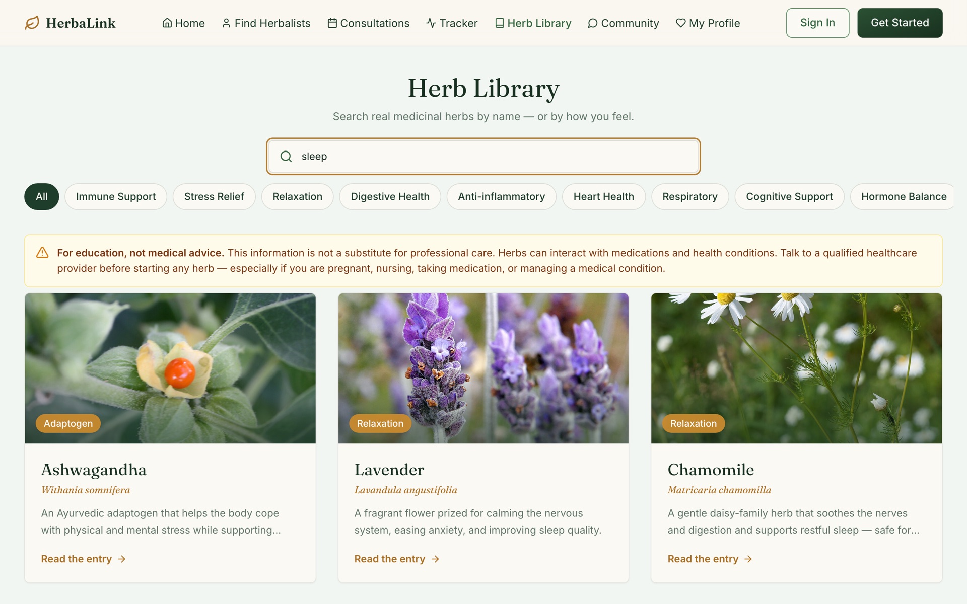 HerbaLink's Herb Library page — a searchable grid of medicinal herbs, each a card with a photo, benefit tag, and short description