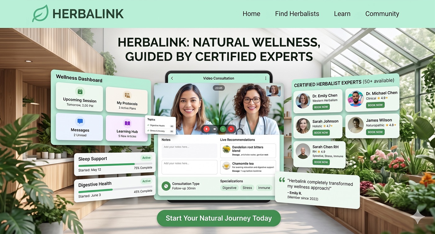 HerbaLink — natural wellness guided by certified experts: video consultation, wellness dashboard, and verified herbalist directory