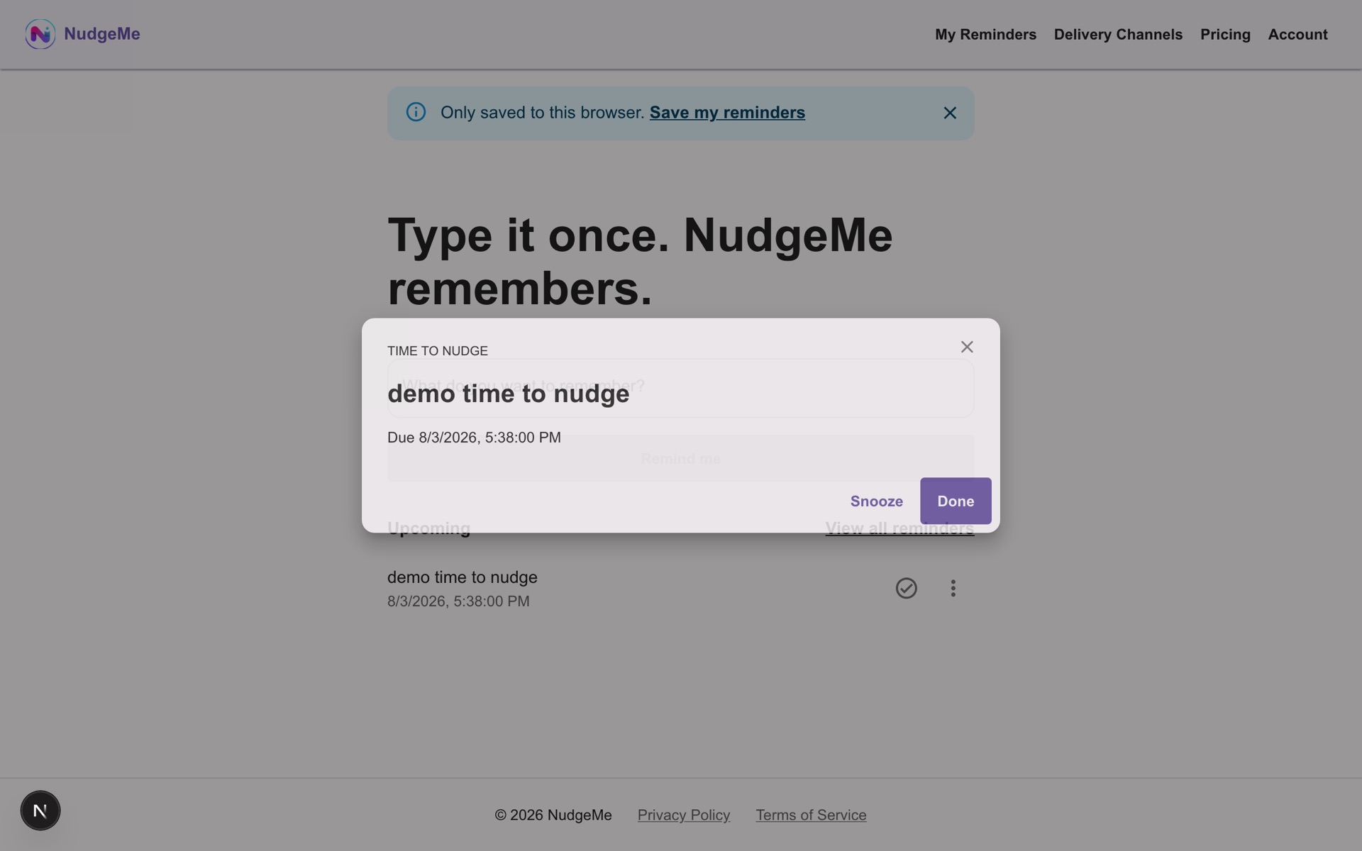 NudgeMe's 'Time to Nudge' alert — the due reminder with its title and time, and Snooze / Done actions