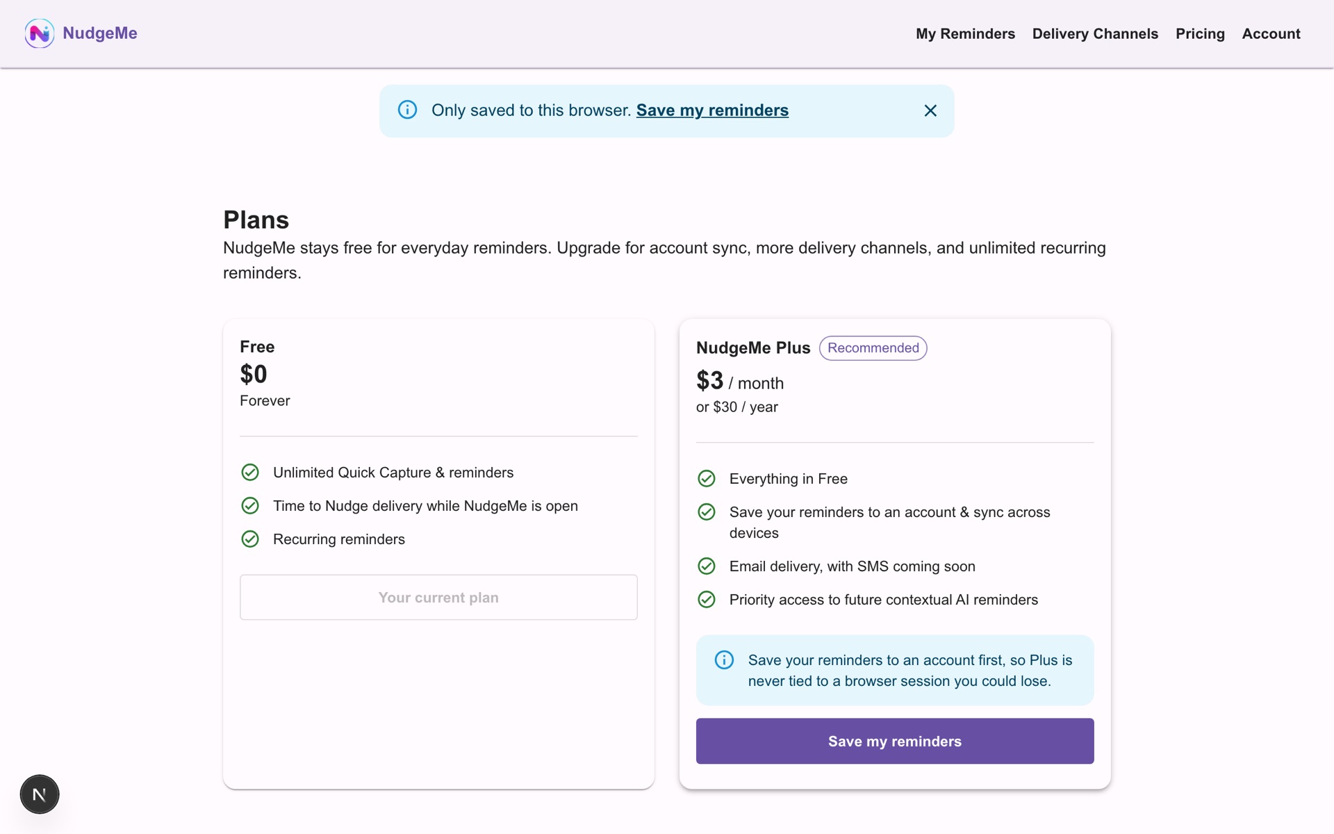 NudgeMe's Plans page — a Free tier with everyday reminders and recurring nudges, and a paid Plus tier that adds account sync and extra delivery channels