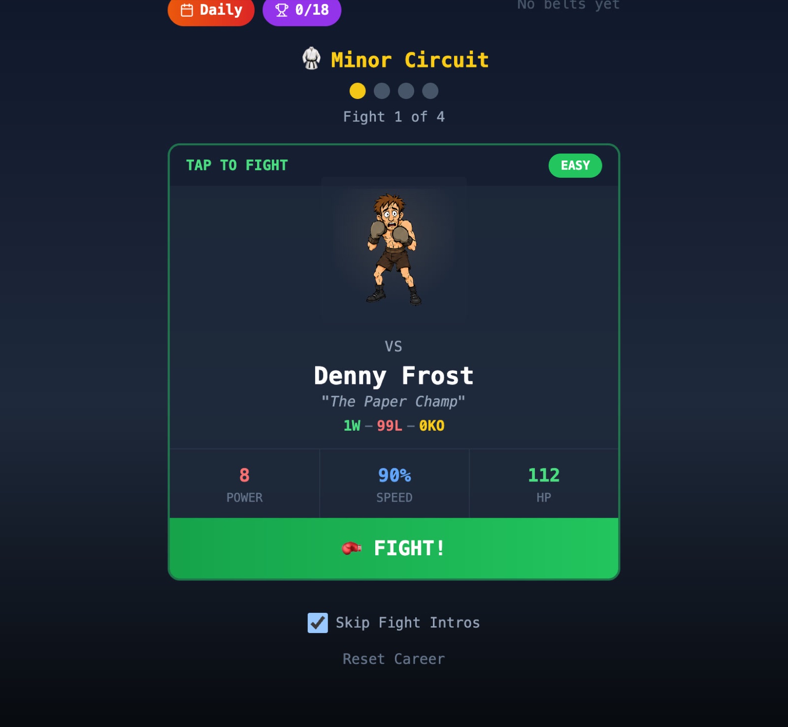 Ring-Rival's career screen — the Minor Circuit, 'Fight 1 of 4', next opponent Denny Frost with power, speed, and HP stats and a win/loss record, and a Fight button