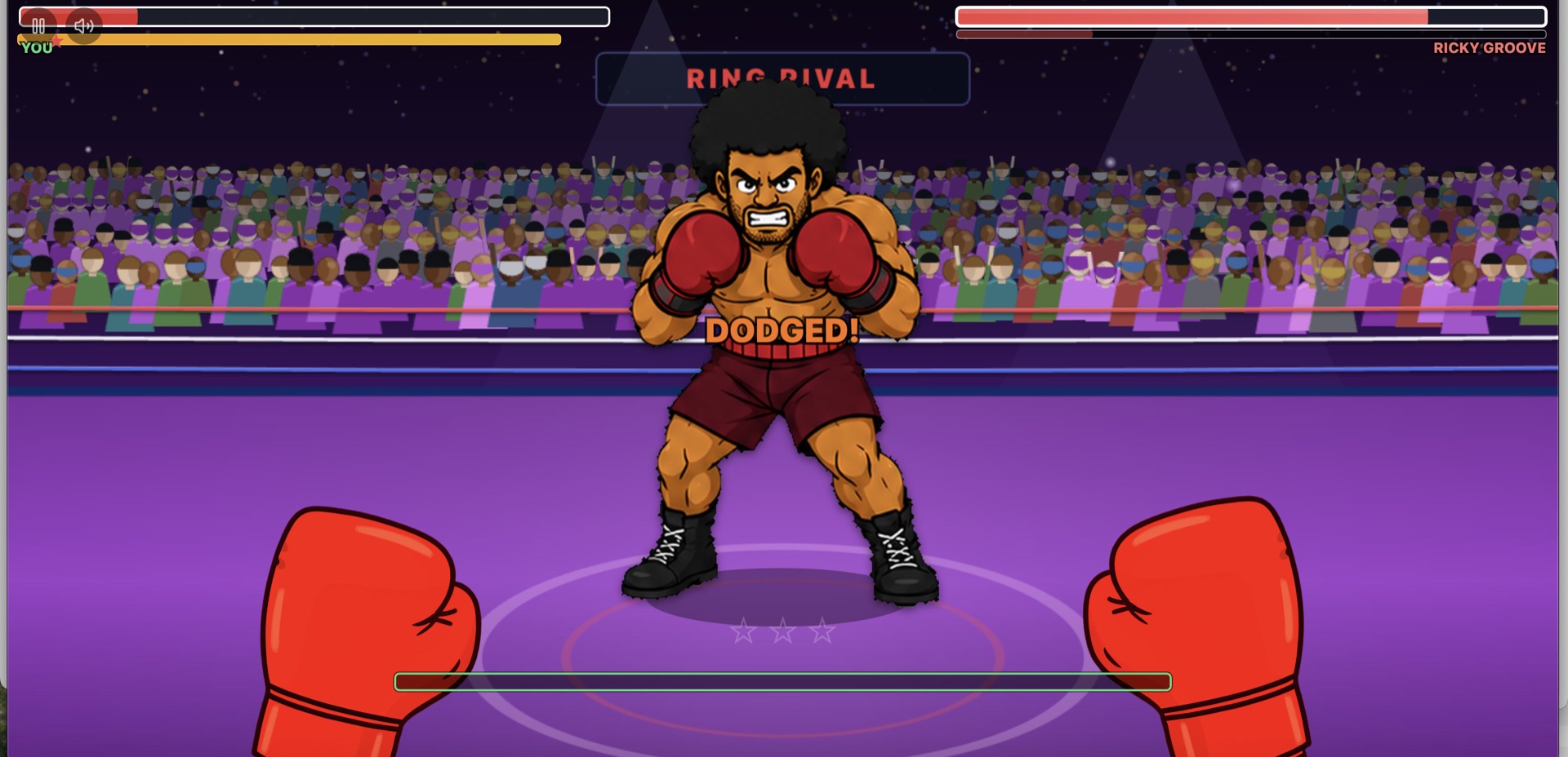 A Ring-Rival exchange — the opponent Ricky Groove guards up and a 'DODGED!' callout pops as a punch slips past, your gloves at the ready