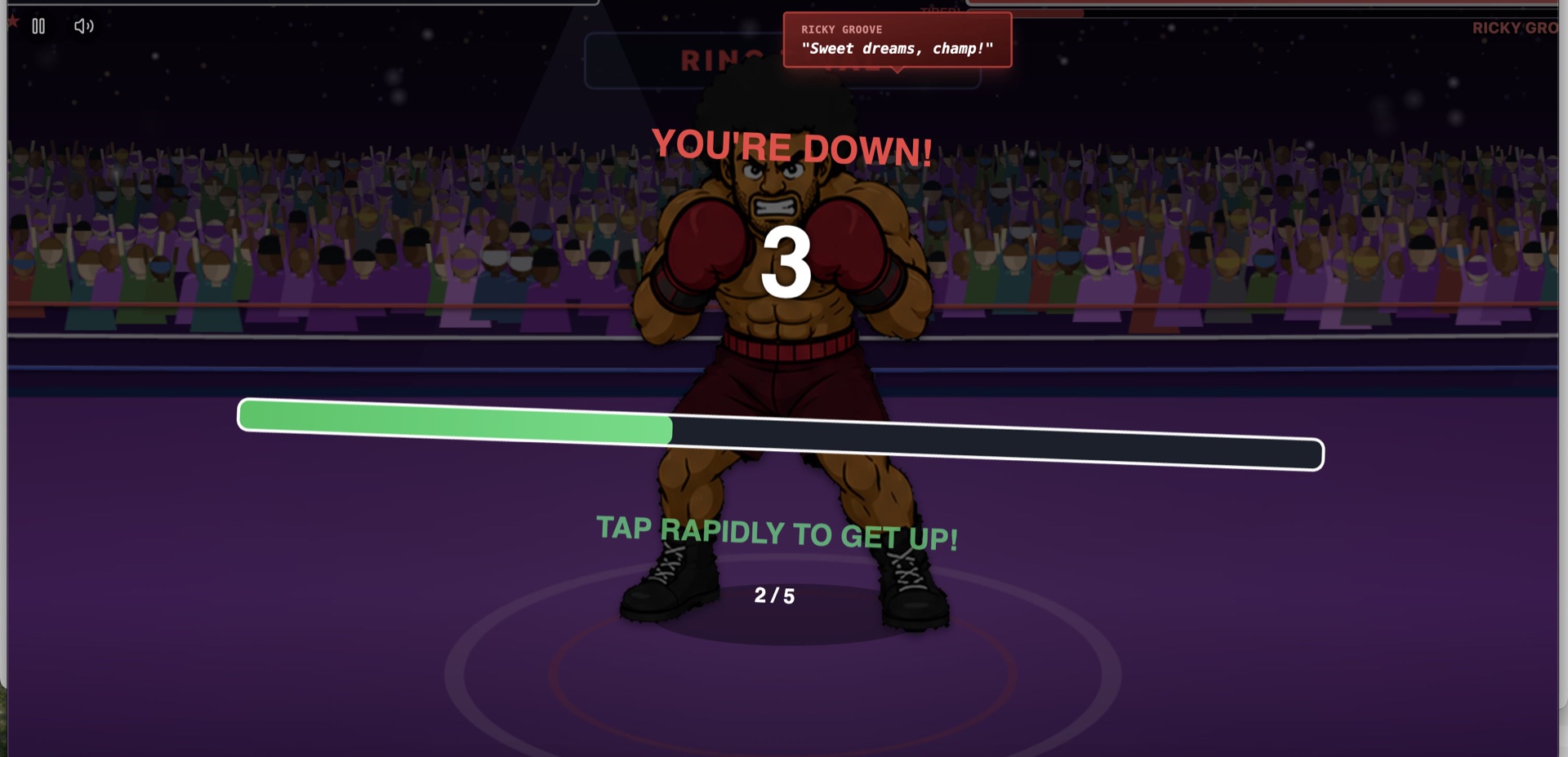 Ring-Rival's knockdown moment — 'YOU'RE DOWN! TAP RAPIDLY TO GET UP!' with a countdown and a stamina meter, the opponent taunting 'Sweet dreams, champ!'