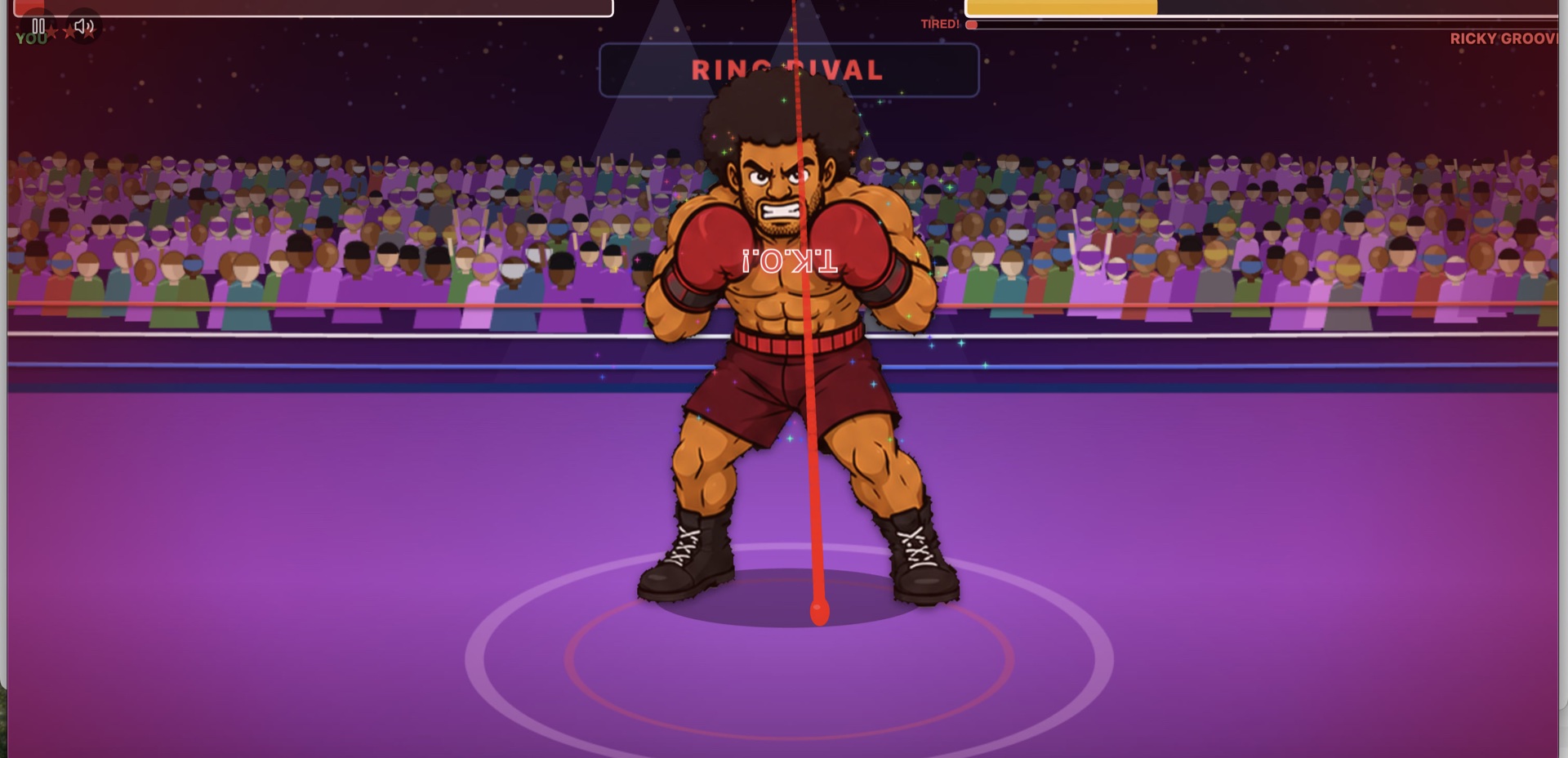 Ring-Rival's TKO finish — the opponent staggered with a 'TKO!' callout and a 'TIRED' state on their health bar