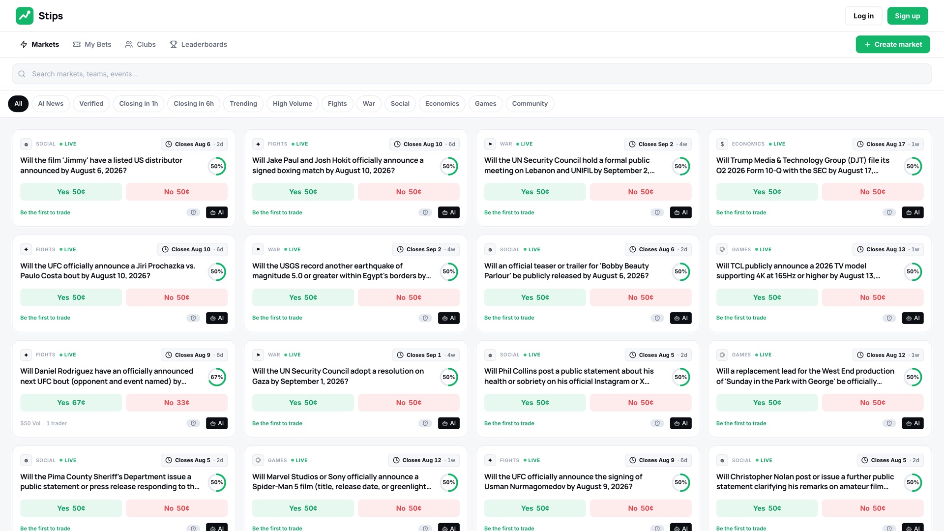 Stips's live markets grid — each prediction shown as a card with plain YES/NO odds, category tags, and live status, browsable at a glance