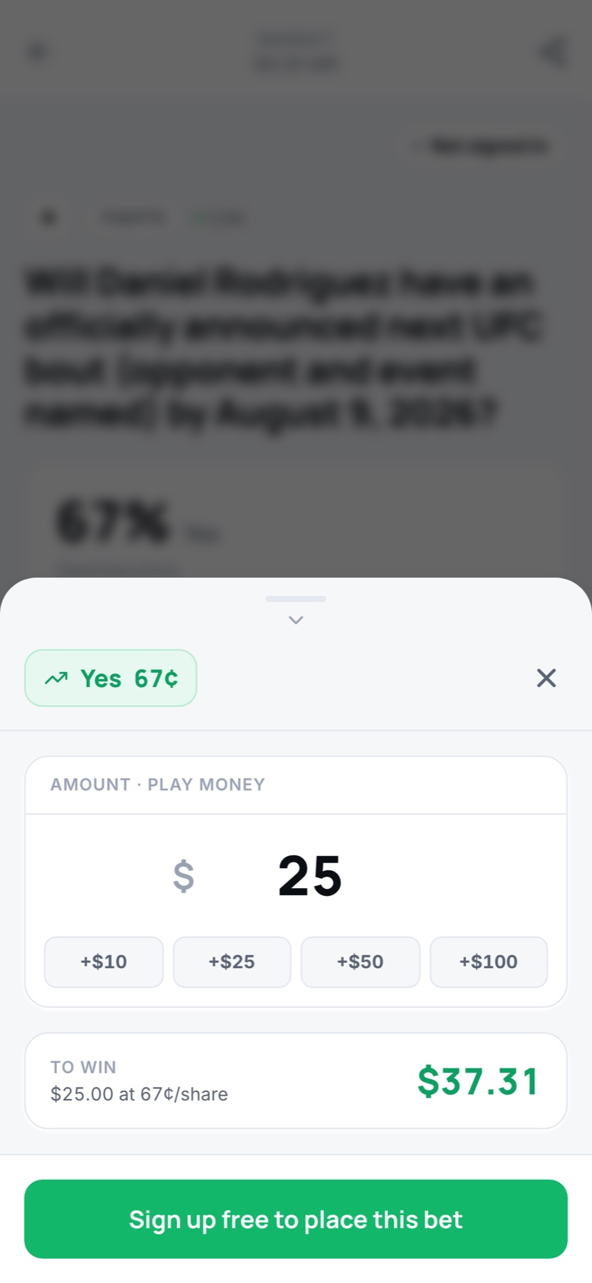 Stips's mobile bet sheet — a play-money stake ($25) with +$10/$25/$50/$100 presets and a live 'To win $37.31' payout readout