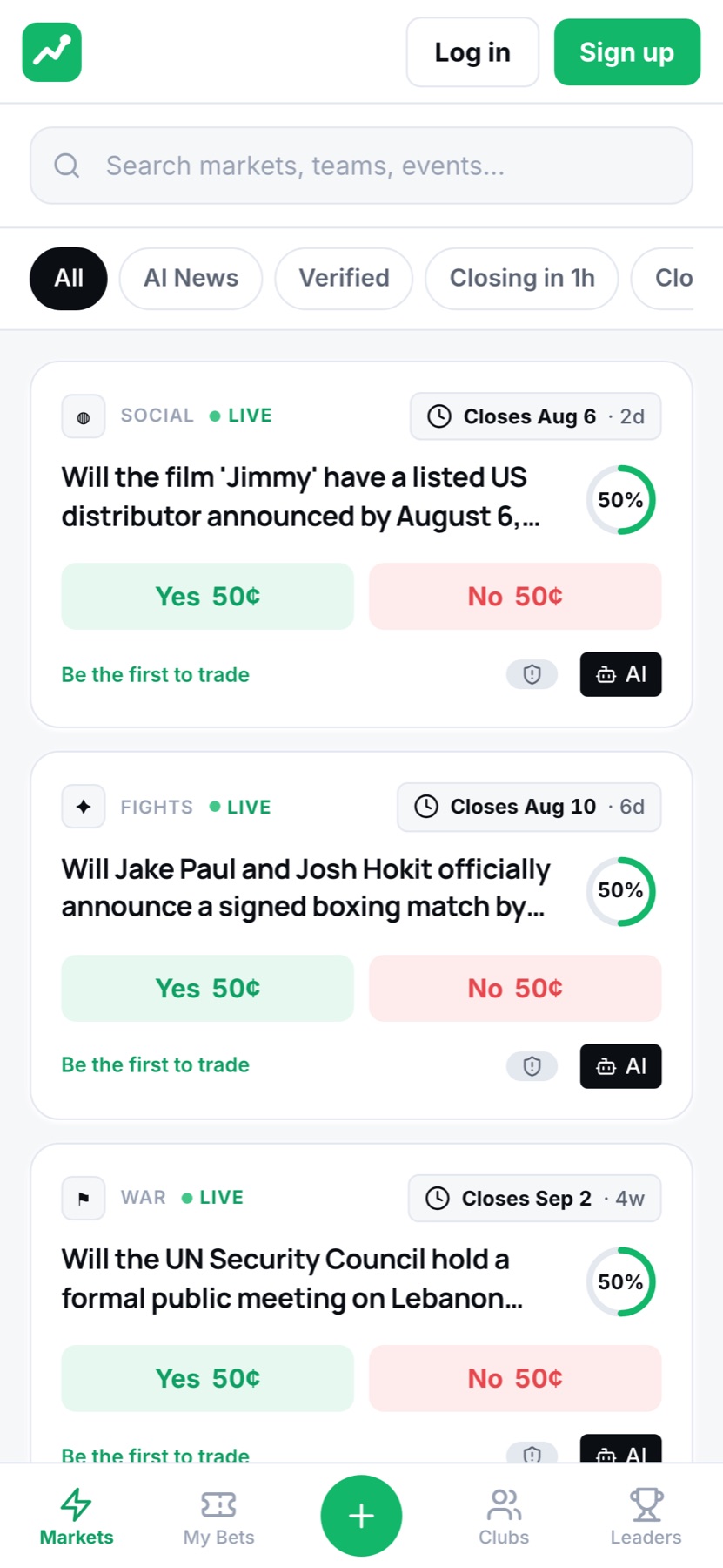 The shipped Stips markets board on mobile — live prediction markets across sports, politics, and culture, each a YES/NO card