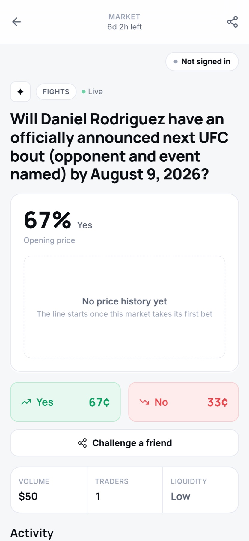 A Stips market on mobile — the question up top, 67% Yes opening price, big YES 67¢ / NO 33¢ cards, and a 'Challenge a friend' button