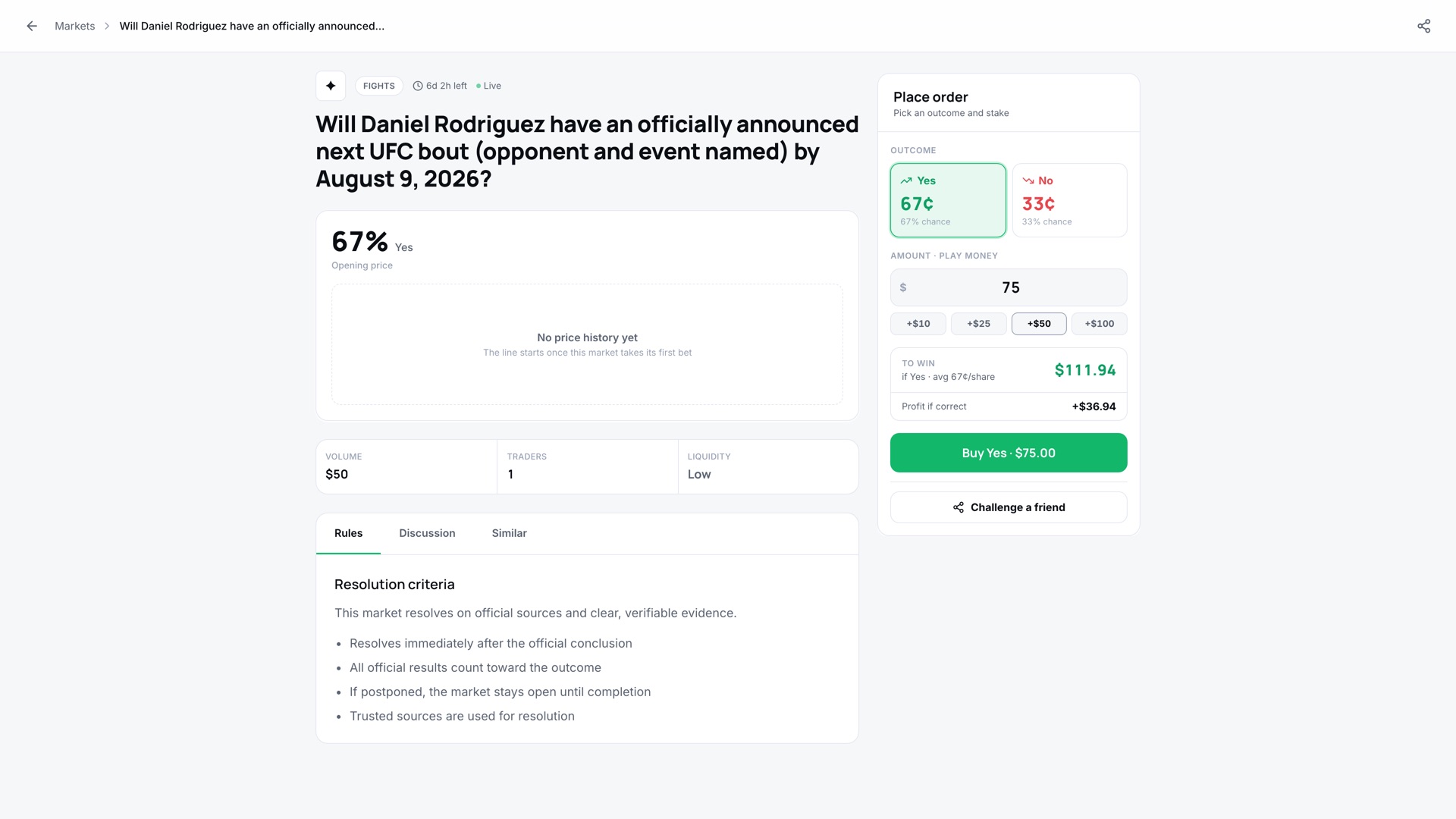 A Stips market detail on desktop — the question, YES 67¢ / NO 33¢ odds, and a Place-order panel with a play-money stake and a live 'To win $111.94' payout