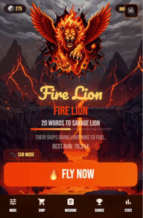 Fire Lion title screen — winged fire lion over a lava landscape with Cub Mode and Fly Now