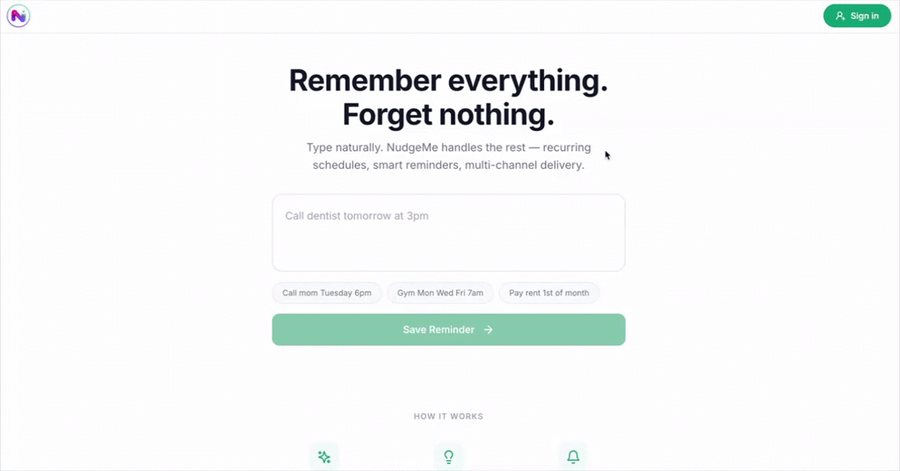 NudgeMe's landing screen — 'Remember everything. Forget nothing.' with a natural-language reminder field