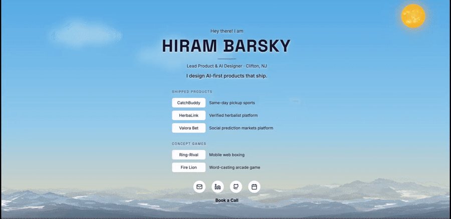 An early portfolio concept — name, shipped products, and a Book a Call action over a mountain scene